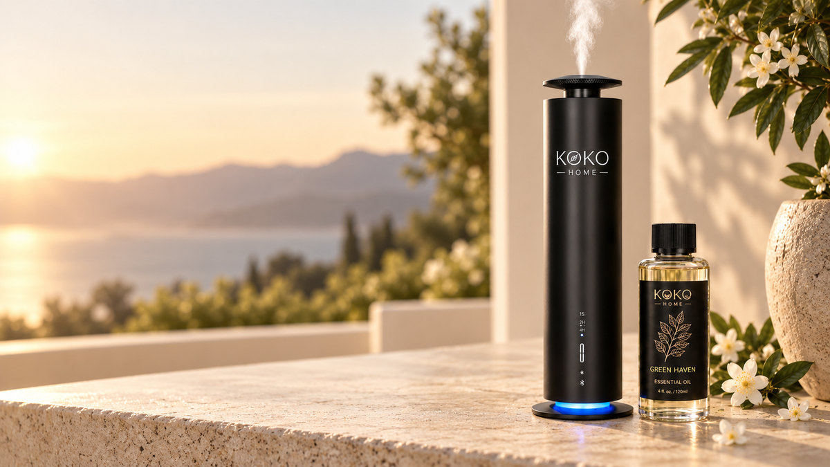 KOKO Home Tower diffuser and Green Haven fragrance oil in a warm luxury setting