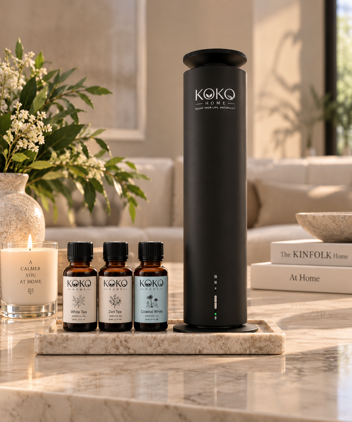 KOKO Tower with White Tea, Zen Tea, and Coastal White fragrance oils in a warm home setting